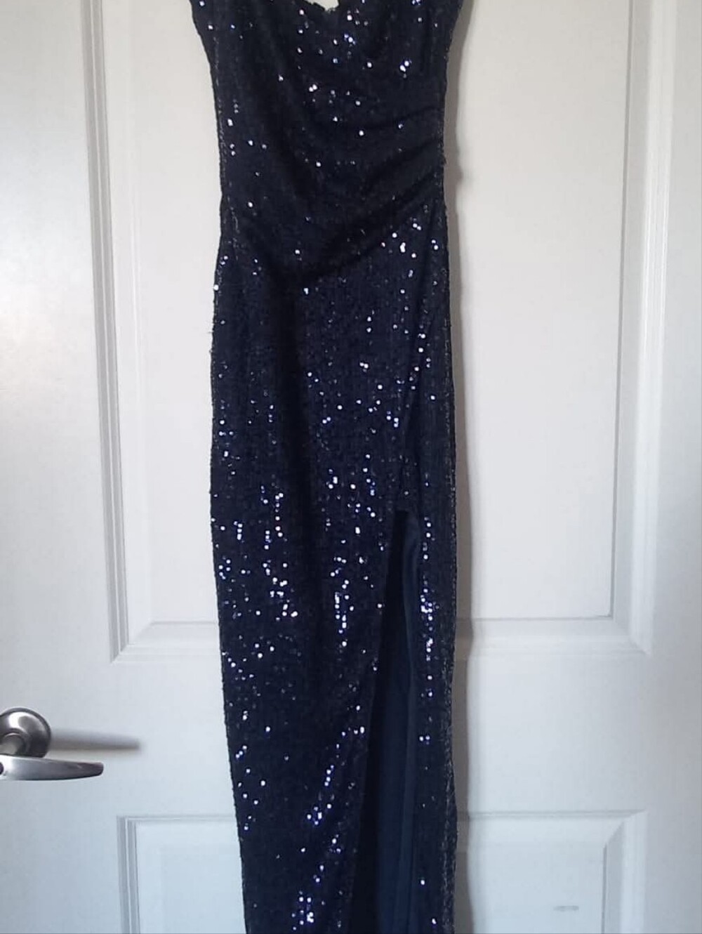 Navy Sequin Strapless Evening Gown - Picture 2 of 3